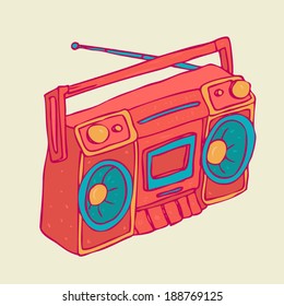 vintage boombox (recorder) vector illustration, hand drawn