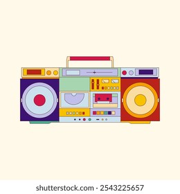 Vintage boombox vector illustration vibrant colorful. Perfect for retro, music, and nostalgic design themes, evoking 80s and 90s vibes.