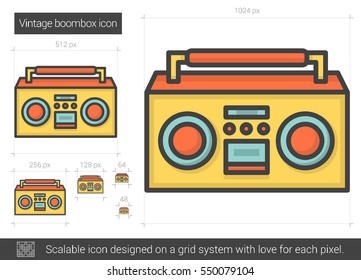 Vintage boombox vetor ícone de linha isolado no fundo branco. Ícone de linha de boombox vintage para infográfico, site ou aplicativo. Ícone escalável projetado em um sistema de grade.