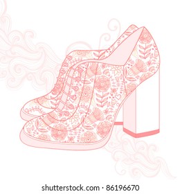 Vintage boots with flowers fabric. Boots background. Woman's boot. Abstract background with pink flowers shoes.