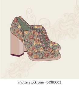 Vintage boots with flowers fabric. Boots background. Woman's boot. Abstract background with pink flowers shoes.