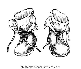 Vintage Boots for hiking. Hand drawn vector illustration of retro leather travel shoes for tourism and camping. Linear drawing of military footwear for journey and exploration. Monochrome art.