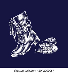 Vintage boots Illustration blue and white design concept