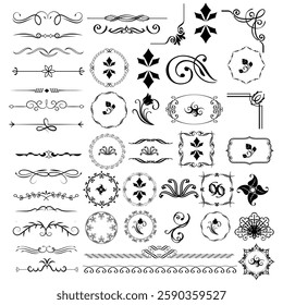 Vintage border big set. Collection of graphic elements for website. Decoration and black ornament with curved lines in vintage style. Cartoon flat vector illustrations isolated on white background