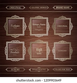 Vintage border collection on wood vector texture. Dark brown wood texture with wicker border and exclusive text