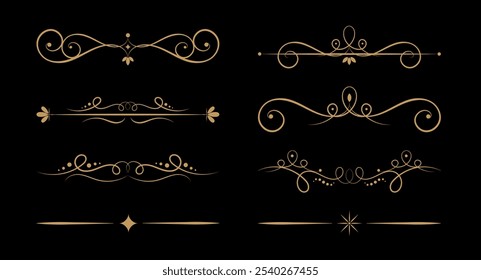 Vintage border elements. Isolated antique borders on black background. Vector illustration