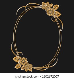 Vintage border with floral ornament. Isolated in black background. Golden vintage frame for wedding invitation design. Easily to change of background colour. Thin line of frame. Vector eps 10. 