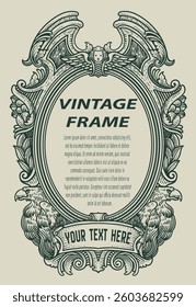 Vintage border frame engraving with antique ornament pattern - Vector Design