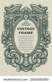 Vintage border frame engraving with antique ornament pattern - Vector Design