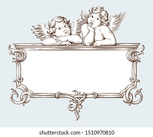 Vintage Border Frame Engraving With Baroque Ornament Pattern And Cupid. Hand Drawn Vector Illustration