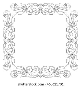 Vintage border frame engraving with retro ornament pattern in antique rococo style decorative design. Element of Design.