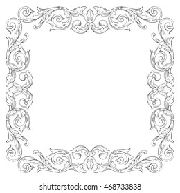 Vintage border frame engraving with retro ornament pattern in antique rococo style decorative design. Royal element of design on a white background.