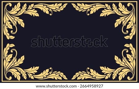 Vintage border frame with gold baroque floral ornament. Elegant gold frame with filigree corner, flourish calligraphic decorative ornamental. Ornate decoration vector for greeting, wedding invitation