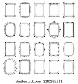 Marco de borde de época, decoración adornada. Elegante y florido, florido y antiguo ornamentado para menú retro o portadas de libros. Elementos decorativos de viñeta curvada, conjunto de diseño de fibra de línea reciente vector