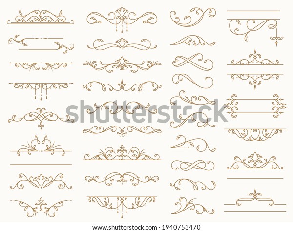 Vintage border ornaments. Set of isolated\
decorative lines, dividers, swirls, and frames for text. Flourish\
vector design elements for wedding invitation, restaurant menu,\
certificate, page\
decoration