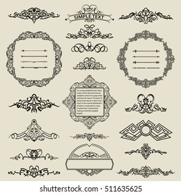 Vintage border and rosette for decoration text and pages. Vector collection old ornament and wicker for graphic design. Set Sign and symbol for retro style. Calligraphic design elements for logo
