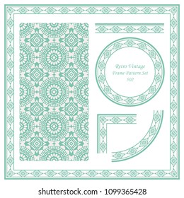 Vintage border seamless pattern background set round cross dot line frame flower, ideal for invitation greeting card or memo template design.