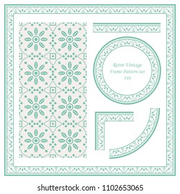 Vintage border seamless pattern background set round check cross frame line flower, ideal for invitation greeting card or memo template design.