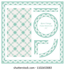 Vintage border seamless pattern background set round curve cross flower, ideal for invitation greeting card or memo template design.