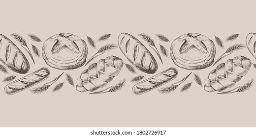 Vintage Border template. Seamless Pattern with Bakery products, variety of breads. For printing wrapping paper, packaging, fabric. Hand Drawn vector illustration.