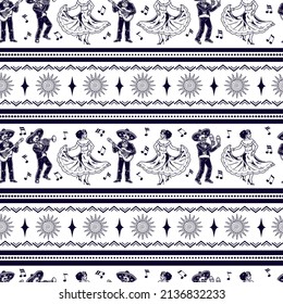 Vintage borders with dancing woman in dress, skeleton musician in sombrero playing musical instruments, melody symbols, sun with twisted circle, vector illustration