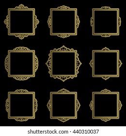  Vintage borders, frame and rosette in set. Wicker lines and old decor elements in vector. Retro page decoration. Decoration for logos, wedding album or restaurant menu. Calligraphic design elements