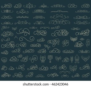 Vintage borders, frame and rosette in set. Wicker lines and old decor elements in vector.  Vector page decoration. Decoration for logos, wedding album or restaurant menu. Calligraphic design elements