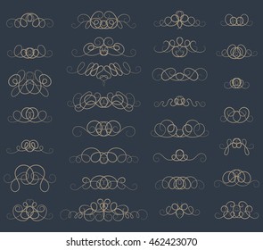 Vintage borders, frame and rosette in set. Wicker lines and old decor elements in vector.  Vector page decoration. Decoration for logos, wedding album or restaurant menu. Calligraphic design elements