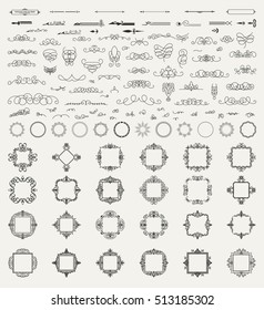 Vintage borders, frame and rosette in set. Wicker lines and old decor elements in vector. Vector page decoration. Decor for logos, wedding album or restaurant menu. Calligraphic design elements
