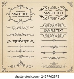 Vintage borders. Ornate frames and scroll elements. Text dividers. Vector calligraphic lines.