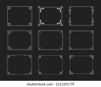 Vintage borders set. Rectangular hand drawn swirl frames on black background. Vector isolated background. Flourish design elements. 