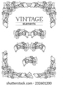 Vintage borders. Vector retro  elements  at old engraving style. 