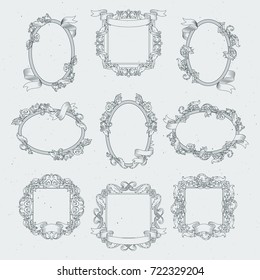 Vintage borders and victorian ribbons. Vector set frame in retro floral style illustration