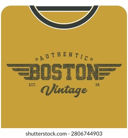 Vintage Boston T-shirt design with bold retro typography, winged emblem, distressed halftone texture, and classic heritage badge style for timeless streetwear and casual fashion.