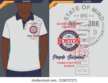 Vintage Boston Typography Design With Polo Shirt Mockup, Vector Illustration