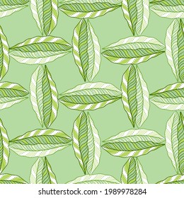 Vintage botanic seamless pattern with green abstract leaves print. Pastel green background. Bloom ornament. Stock illustration. Vector design for textile, fabric, giftwrap, wallpapers.