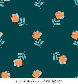 Vintage botanic seamless pattern with orange abstract flowers elements print. Navy blue background. Stock illustration. Vector design for textile, fabric, giftwrap, wallpapers.