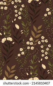 Vintage botanical background, feminine floral print with wild plants on brown field. Seamless pattern with sketch flowers, leaves, branches and herbs. Vector illustration.