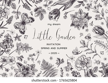 Vintage botanical card with butterfly and flowers.  Little garden. Spring and summer background. Black and white.