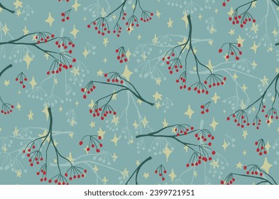 Vintage botanical Christmass repeat pattern with branches, berries and stars on blue background. Desaturated mid century winter design for decoration.