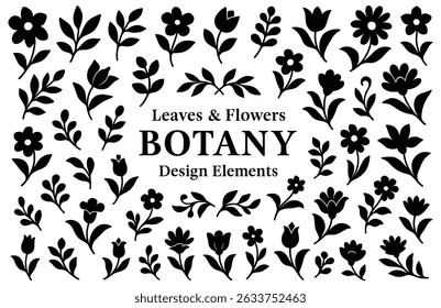 Vintage Botanical Design Elements Set with Elegant Floral and Leaf Silhouettes on Light Background