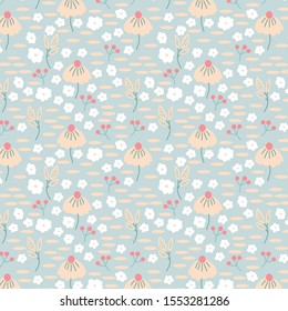  70’s vintage botanical floral vector seamless pattern periwinkle background editable