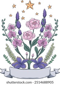 vintage botanical flower bouquet and text ribbon