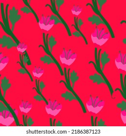 Vintage botanical flower seamless pattern. Naive art. Strange floral wallpaper. Creative plants endless backdrop. Design for fabric, textile print, wrapping paper, cover. Vector illustration