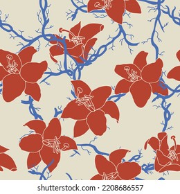 Vintage botanical flowers seamless pattern. Hand drawn tropical hibiscus and floral branch. Vector