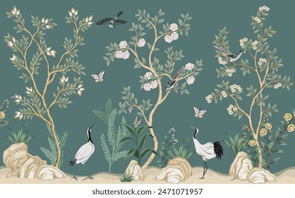 Vintage botanical garden floral tree, crane, birds, butterfly, flower, plant seamless border. Exotic chinoiserie mural.	