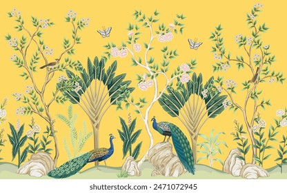 Vintage botanical garden floral tree, palm tree, peacock, birds, butterfly, plant, flower seamless border yellow background. Exotic chinoiserie mural.	