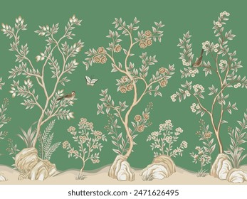 Vintage botanical garden floral tree, birds, butterfly, flower, plant seamless border green background. Exotic chinoiserie mural.