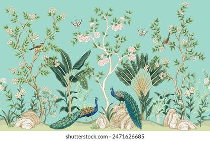 Vintage botanical garden floral tree, palm tree, peacock, birds, butterfly, plant, flower seamless border blue background. Exotic chinoiserie mural.