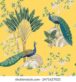 Vintage botanical garden floral tree, palm tree, peacock, plant, flower seamless pattern yellow background. Exotic chinoiserie wallpaper.